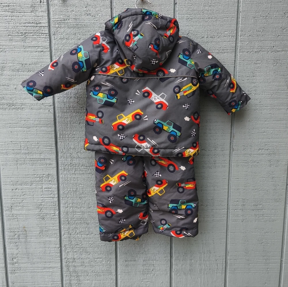 RARE The Children's Place Race Car Snow Pant Coat 3-Piece Set sz 12-18M Gray